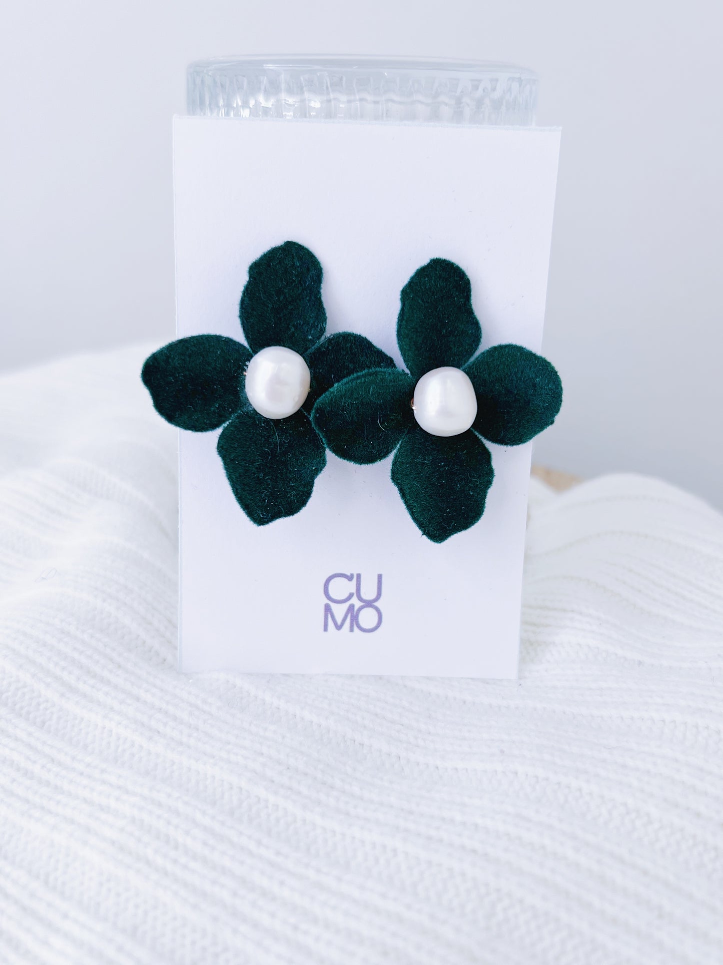 Only One Project -  Green Flower Velvet Pearl Earrings (Sold Out)