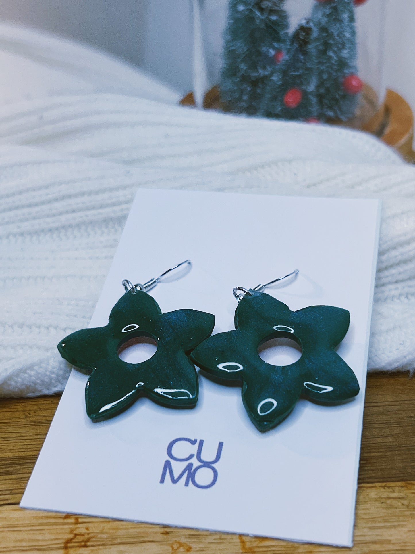 Handmade Christmas Earrings with Hand Drawing-  Phosphorescent blue