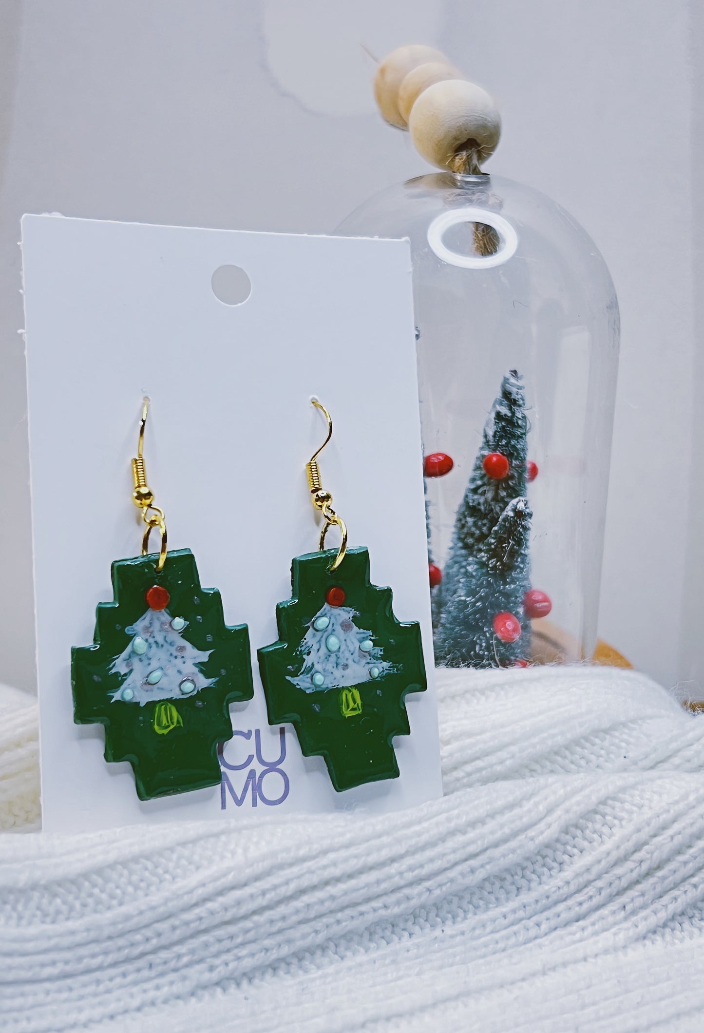 Handmade Christmas Earrings -  Hand Drawing Green Christmas Cross