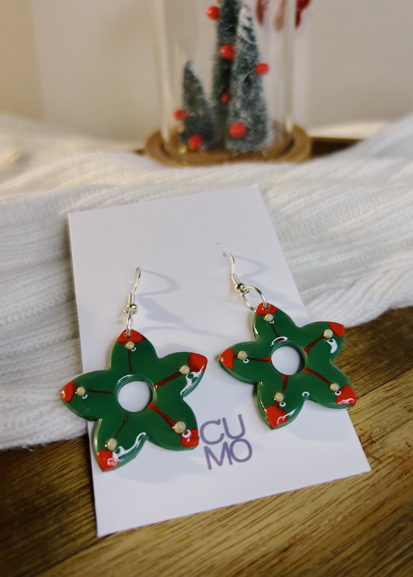 Handmade Christmas Earrings with Hand Drawing-  Christamas Green