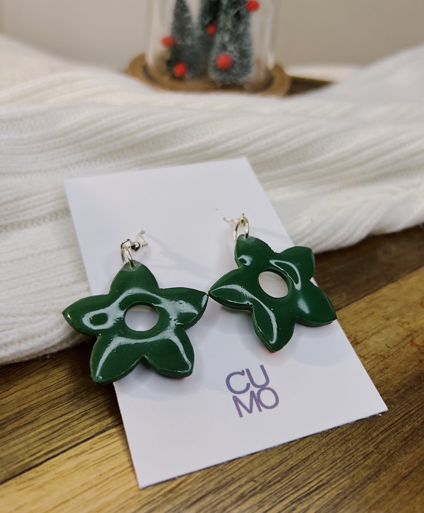 Handmade Christmas Earrings with Hand Drawing-  Christamas Green