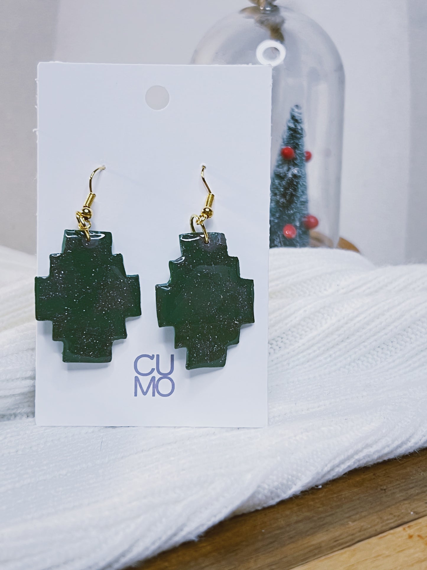 Handmade Christmas Earrings -  Hand Drawing Green Christmas Cross