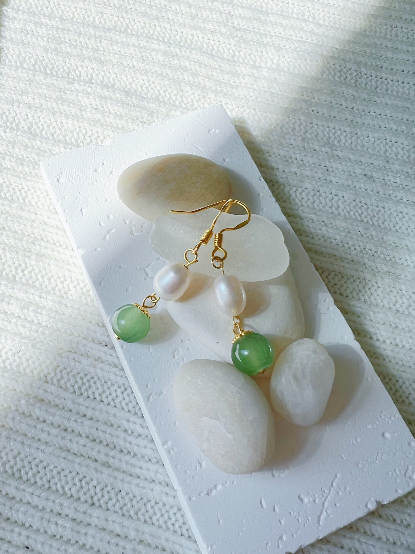 Pearl Pearl! -  Oriental Green Glass with Pearl Earrings