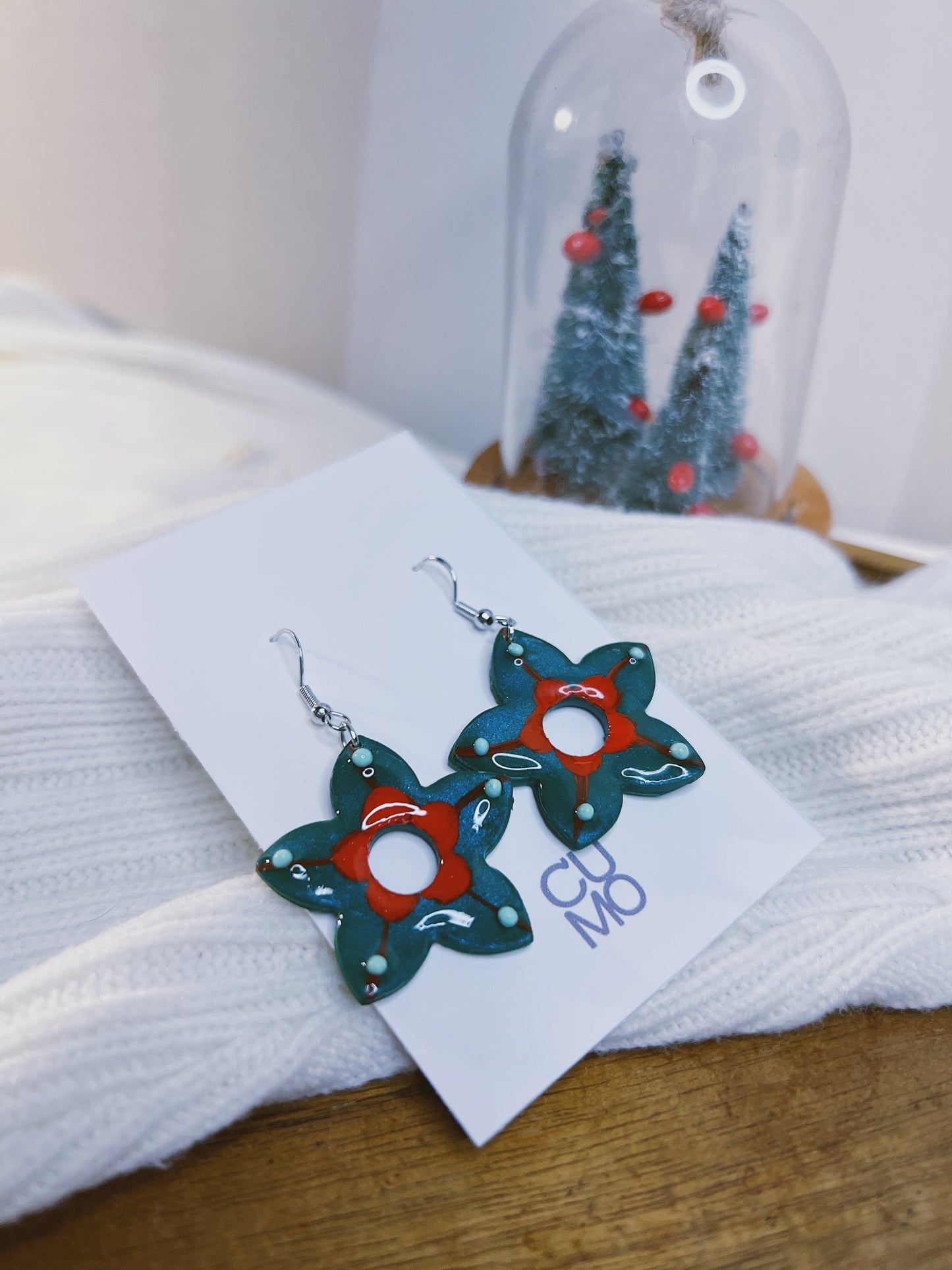 Handmade Christmas Earrings with Hand Drawing-  Phosphorescent blue