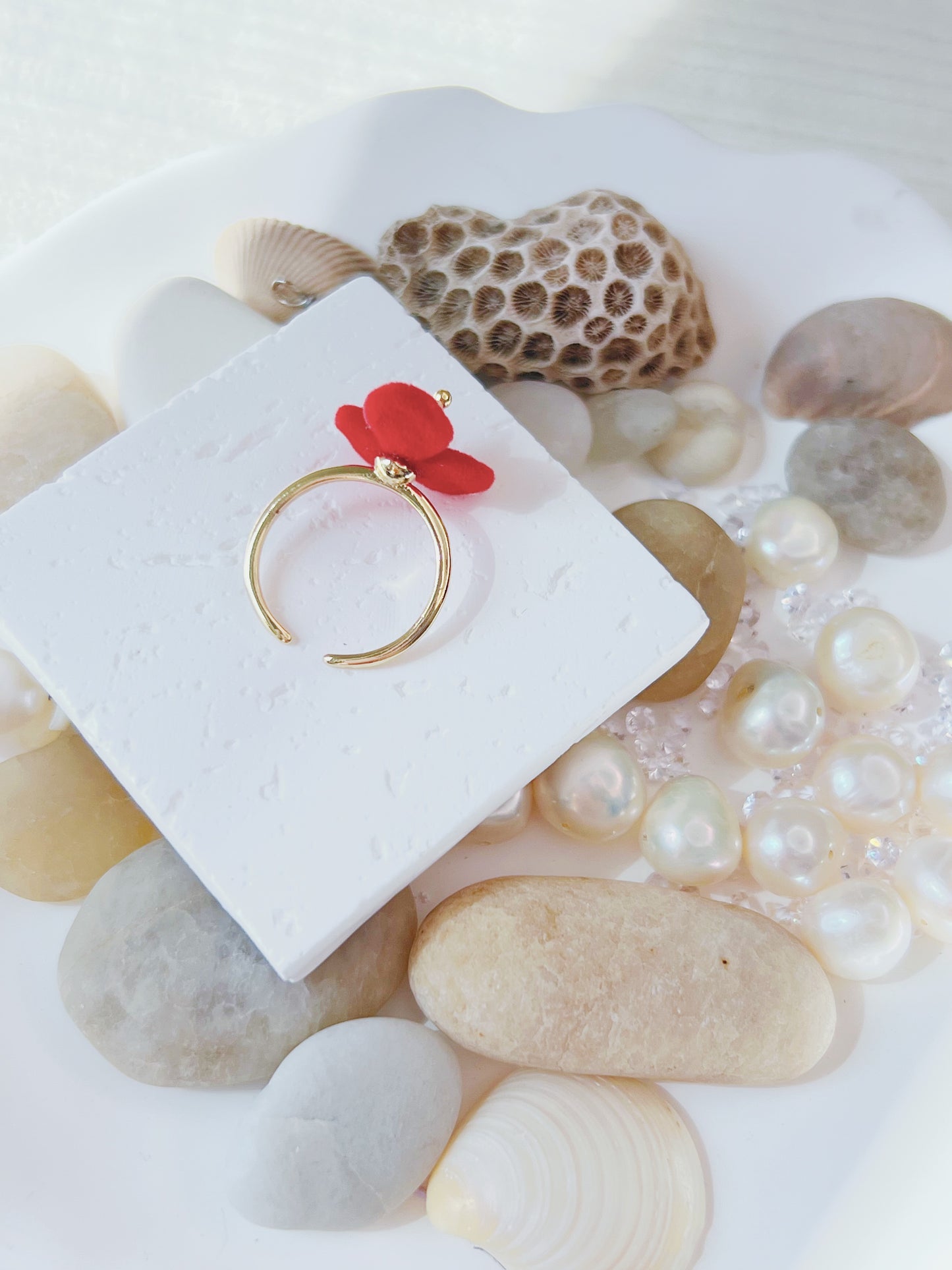 Only One Project -  Red Velvet Flower Pearl Ring