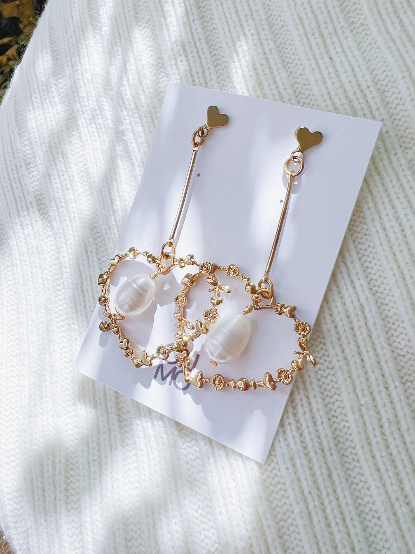 Only One Project -  Gold Heart Pearl Earrings