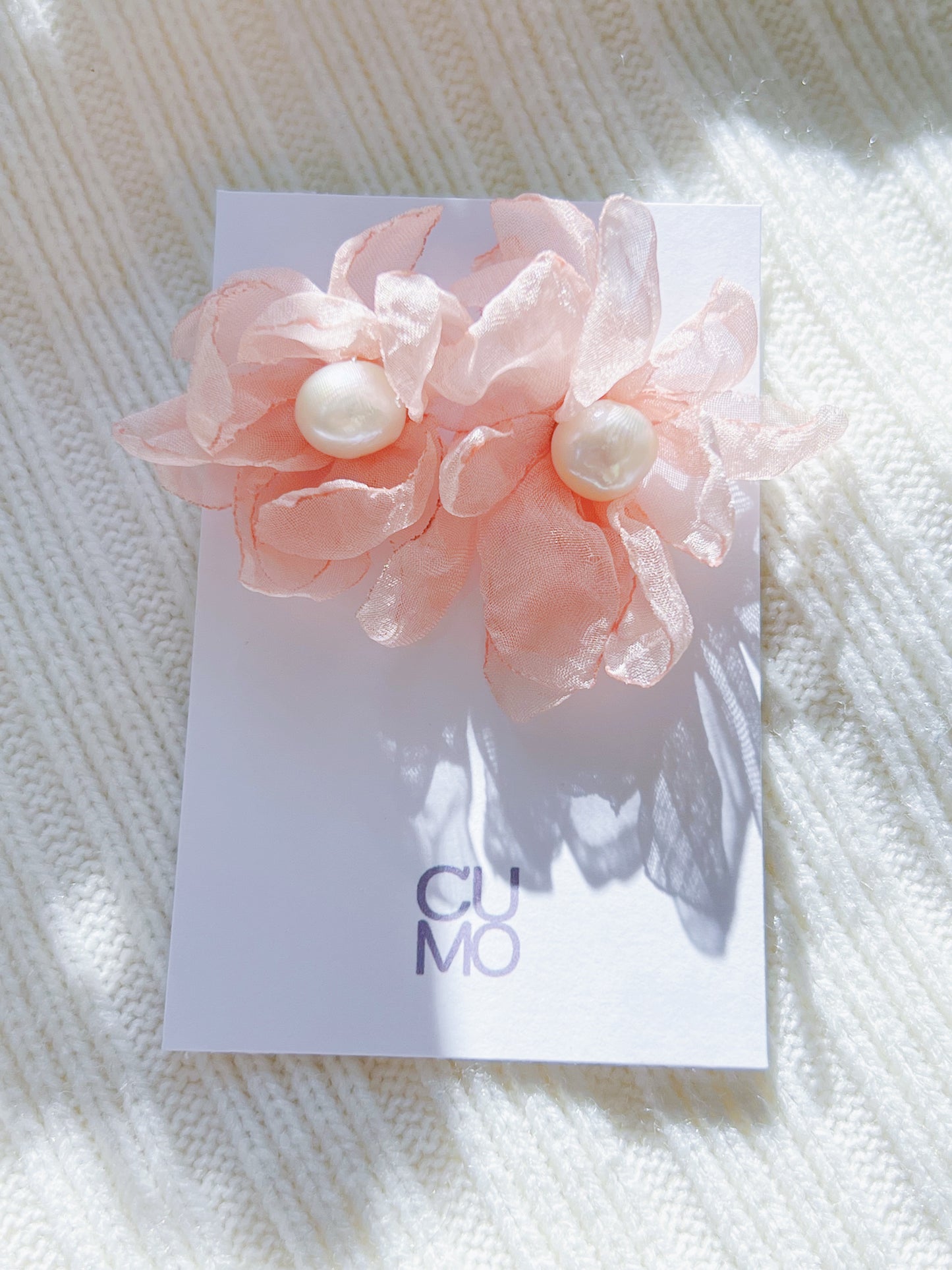 Only One Project -  Pink Flower Chiffon Fabric Pearl Earrings