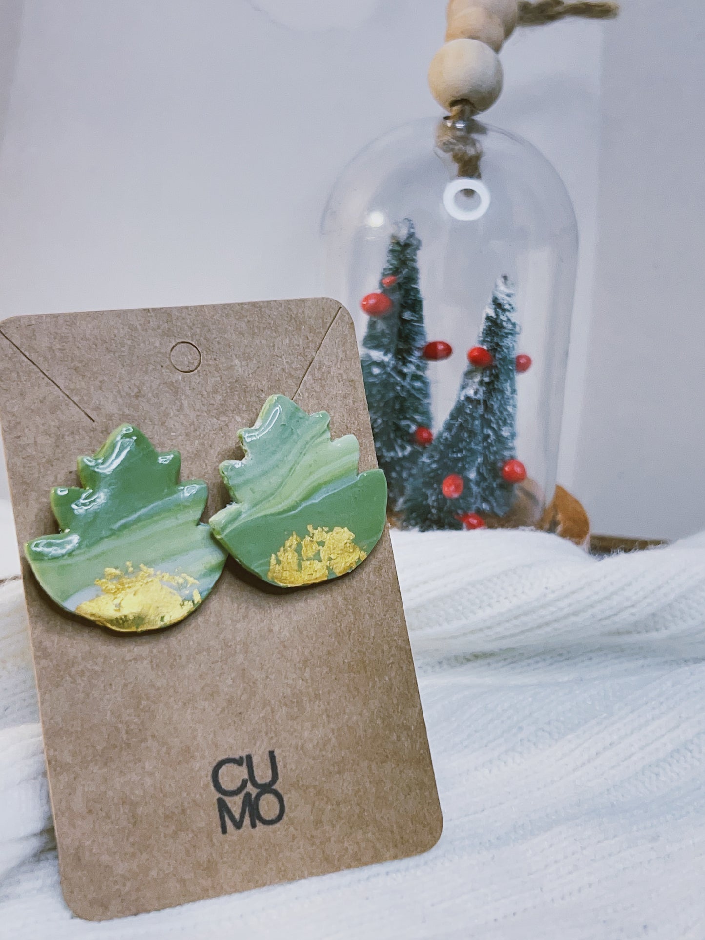 Handmade Christmas Earrings -  Gold Green Christmas Tree