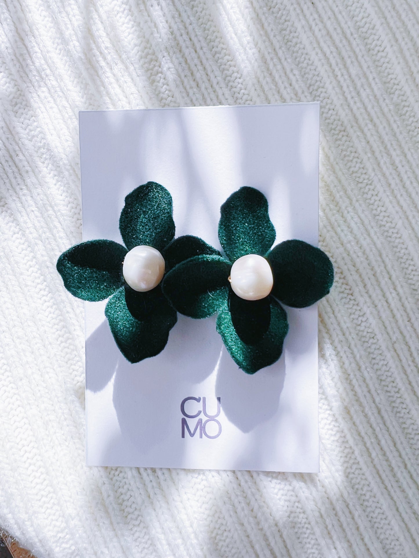 Only One Project -  Green Flower Velvet Pearl Earrings (Sold Out)