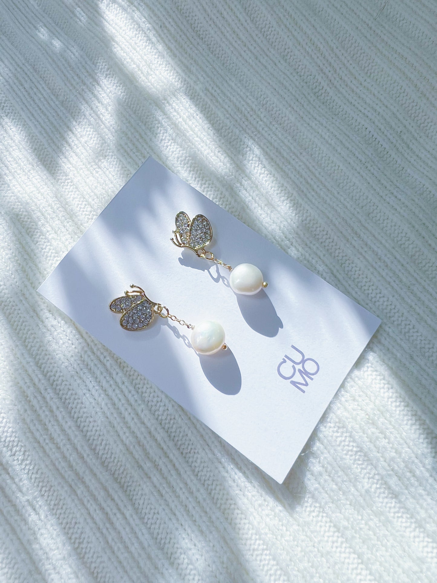 Only One Project -  Gold Butterfly Pearl Earrings