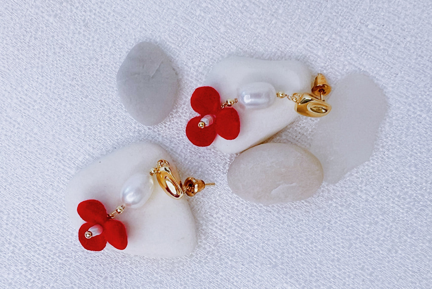 Only One Project -  Red Velvet Flower Pearl Earrings