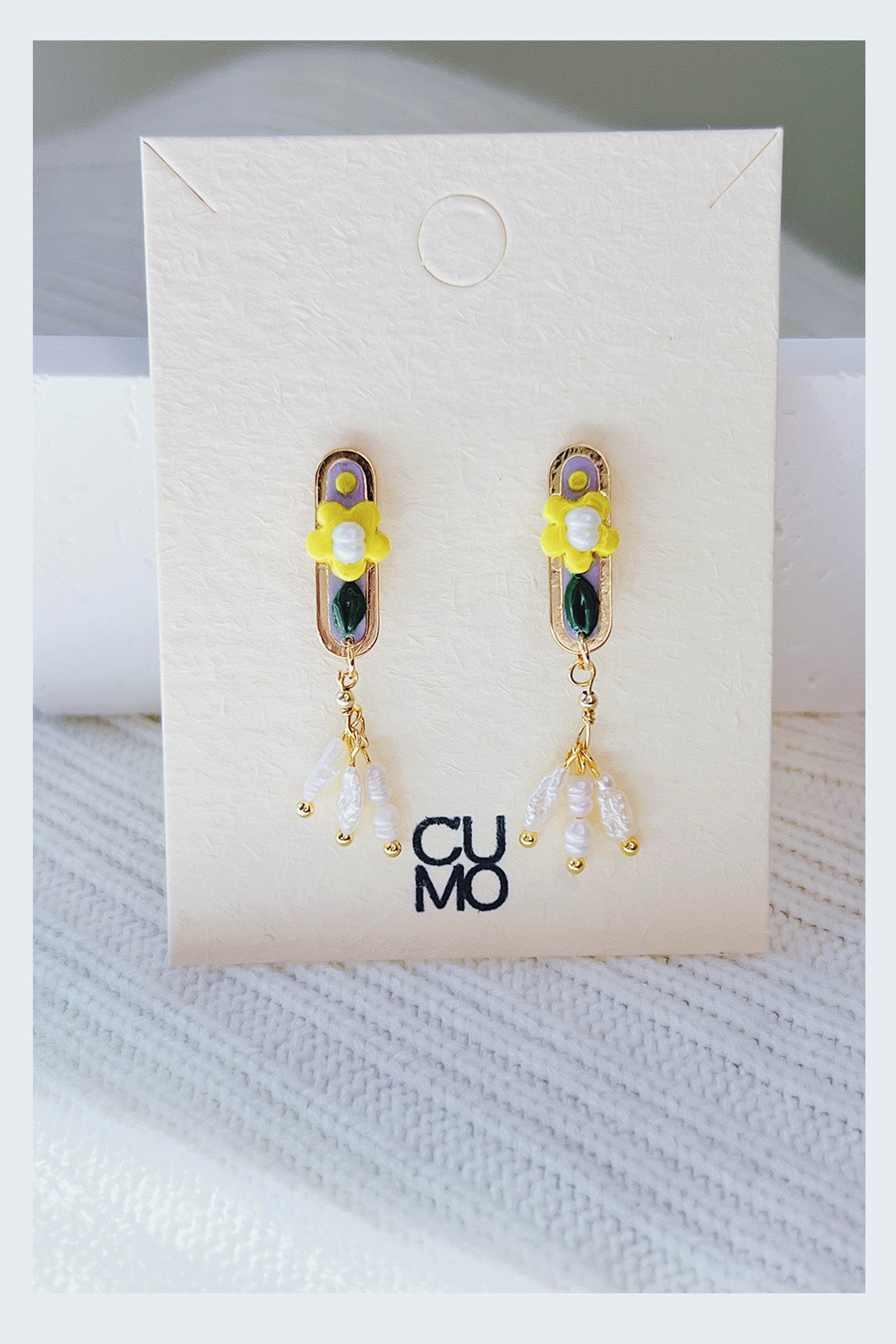 Lemon Lemon! - Oval Little Yellow Flower Pearl & Polymer Earrings