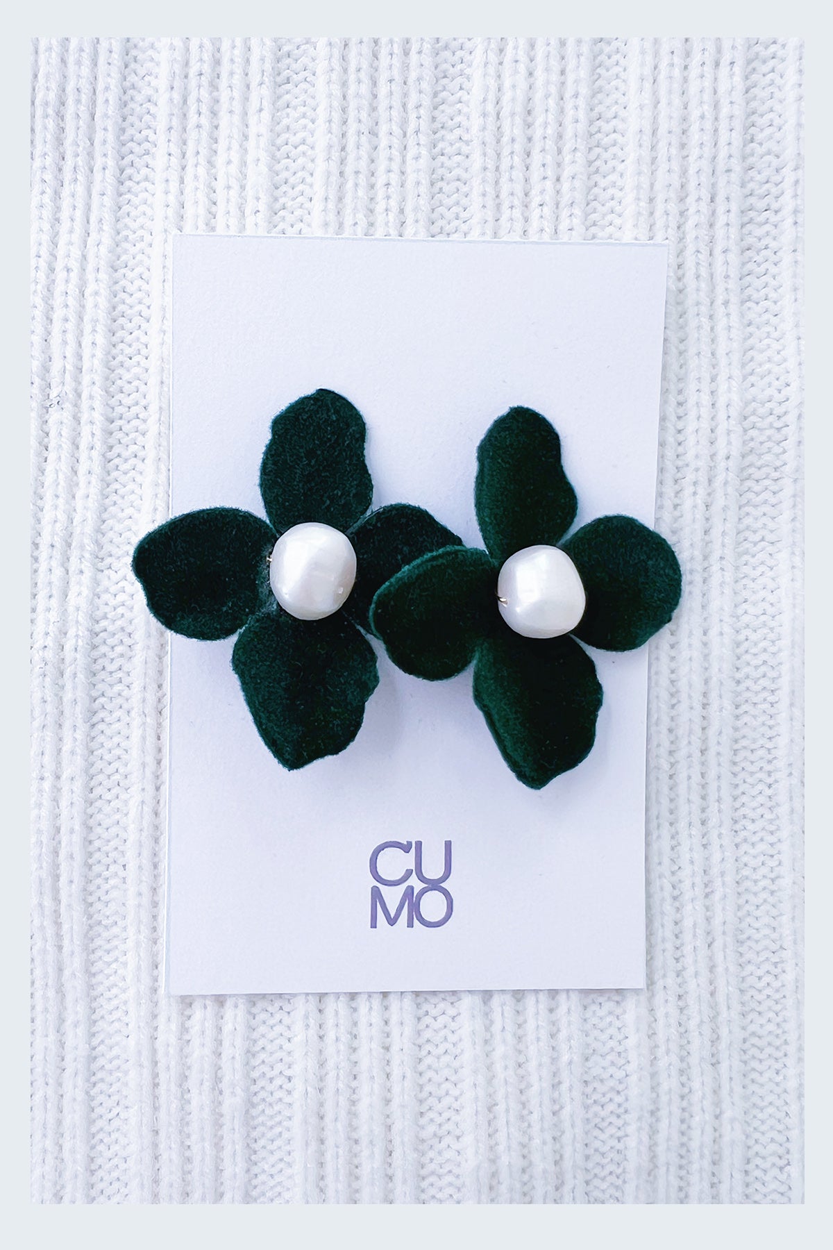 Only One Project -  Green Flower Velvet Pearl Earrings (Sold Out)