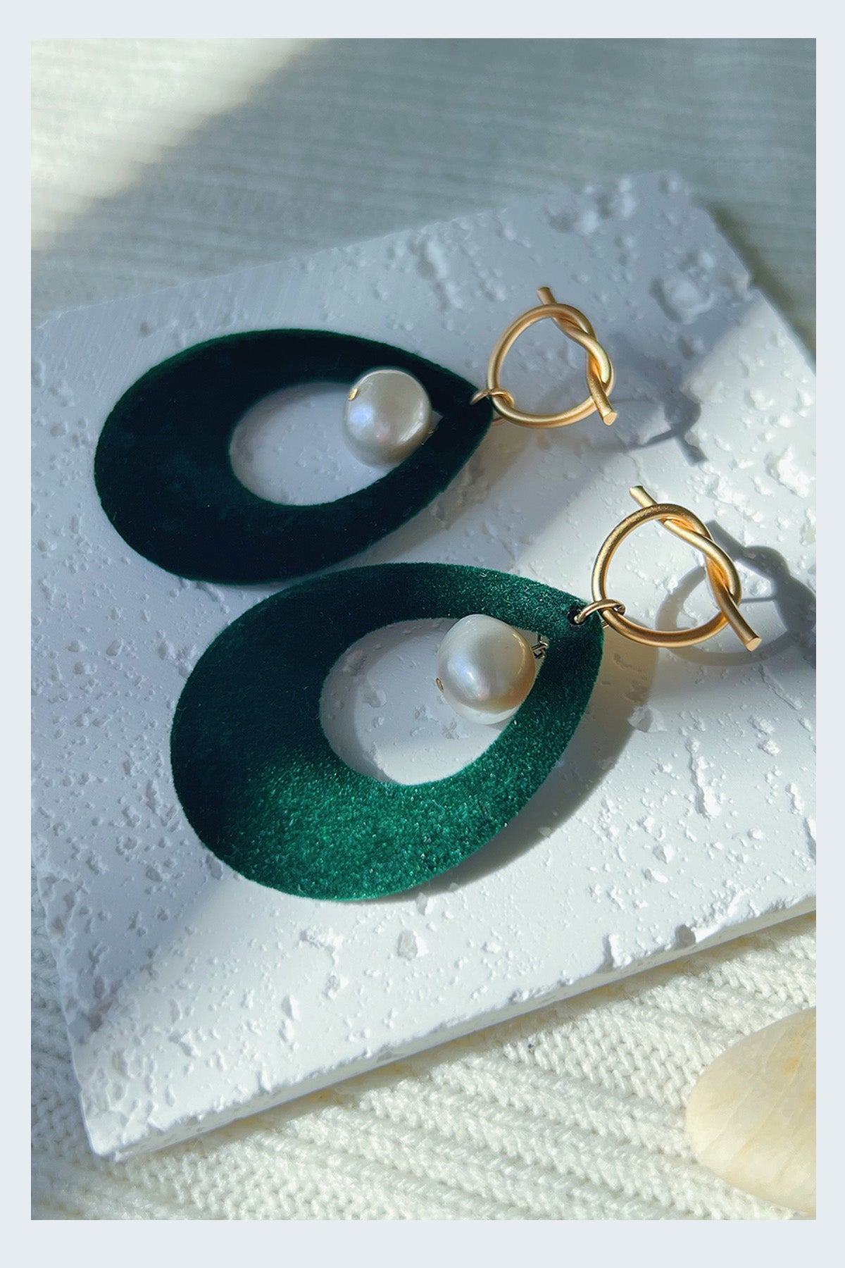 Only One Project - Green Velvet Drop Shape Pearl Earrings