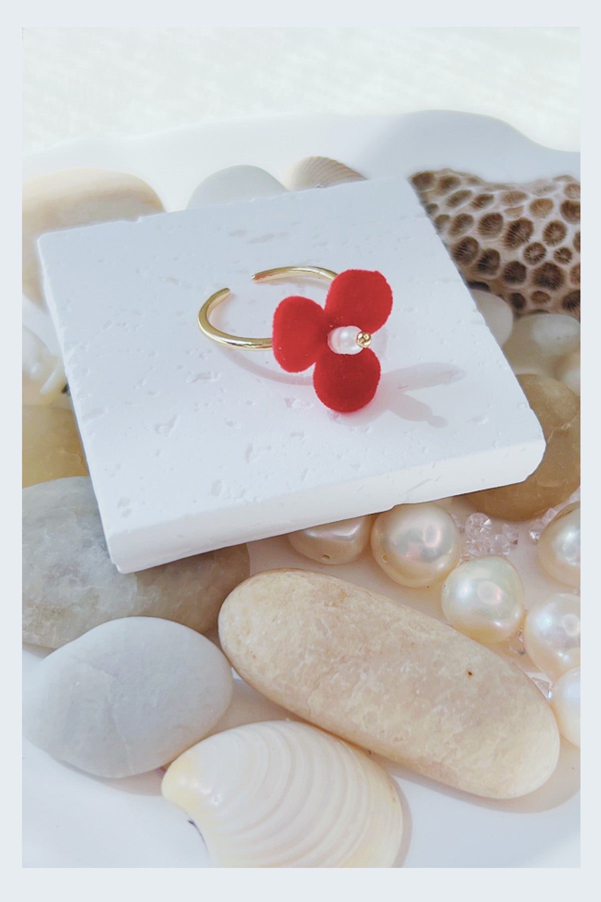 Only One Project -  Red Velvet Flower Pearl Ring