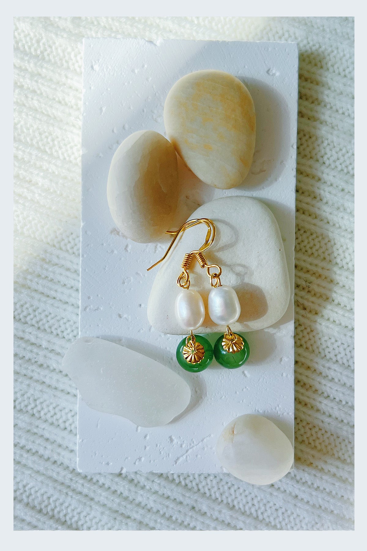 Pearl Pearl! -  Oriental Green Glass with Pearl Earrings