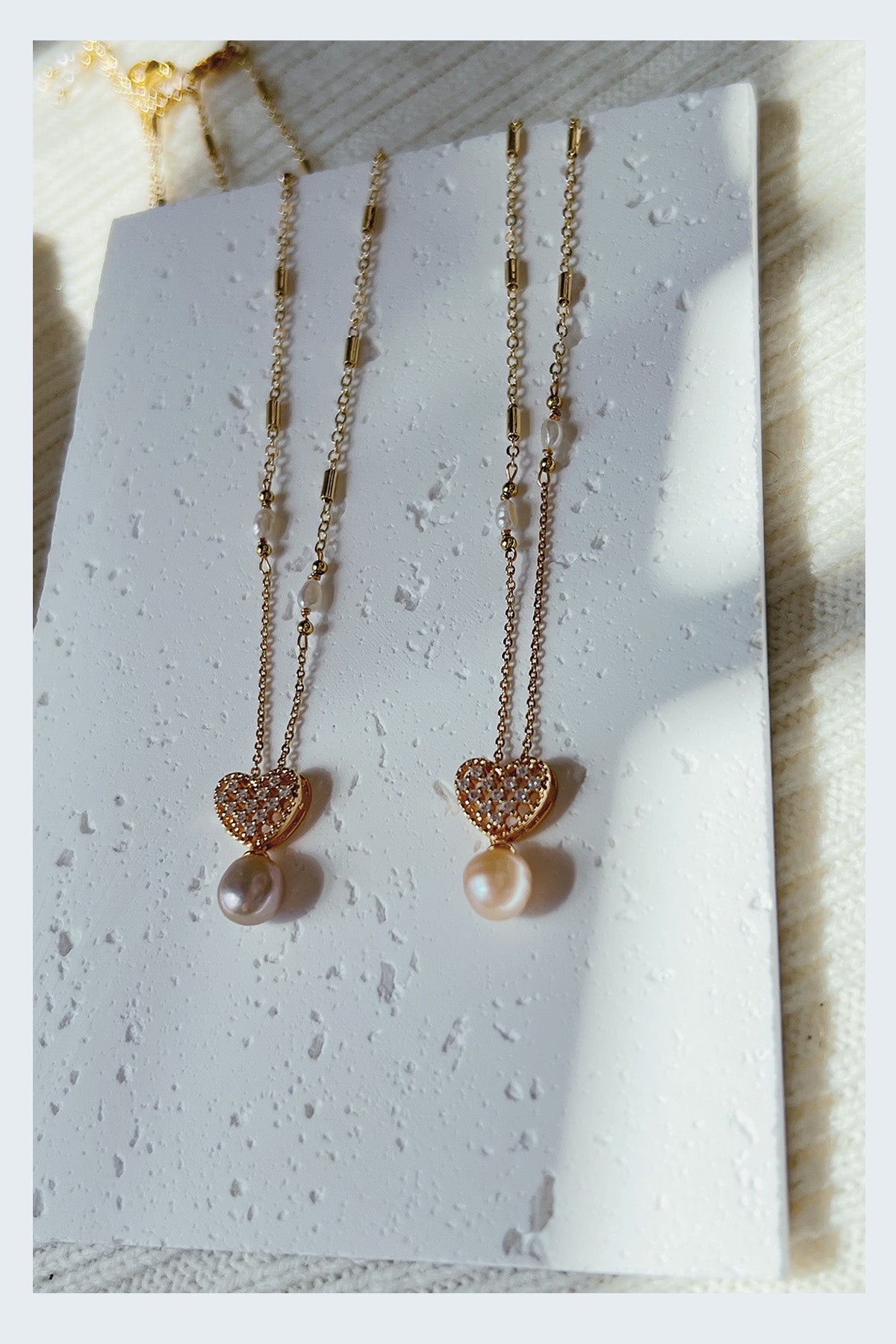 Pearl Pearl! -  Hollow Heart Zircon Long Pearl Necklace