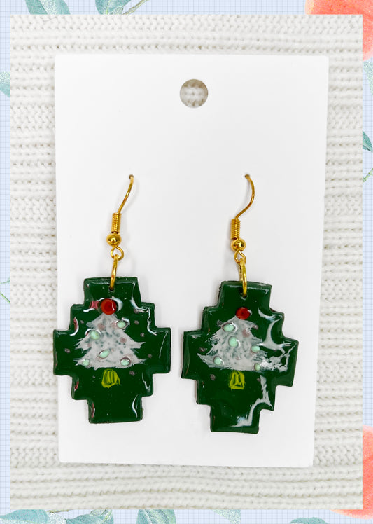 Handmade Christmas Earrings -  Hand Drawing Green Christmas Cross