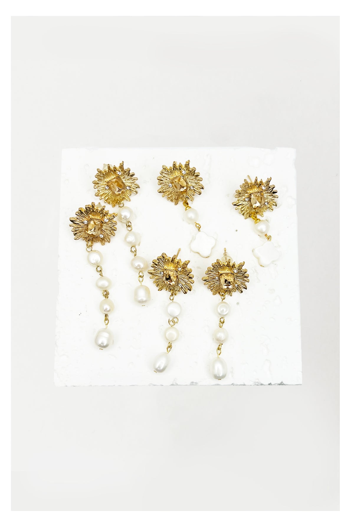 Pearl Pearl!- Gold Sunflower with Three Pearl Earrings