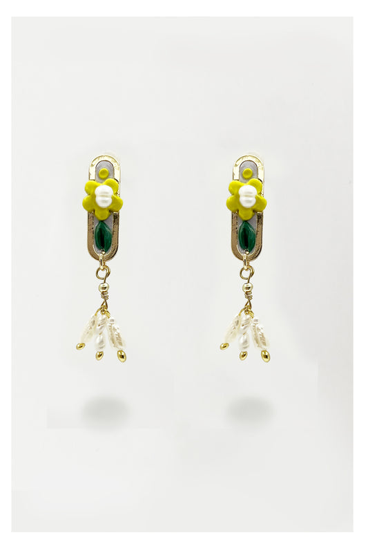 Lemon Lemon! - Oval Little Yellow Flower Pearl & Polymer Earrings