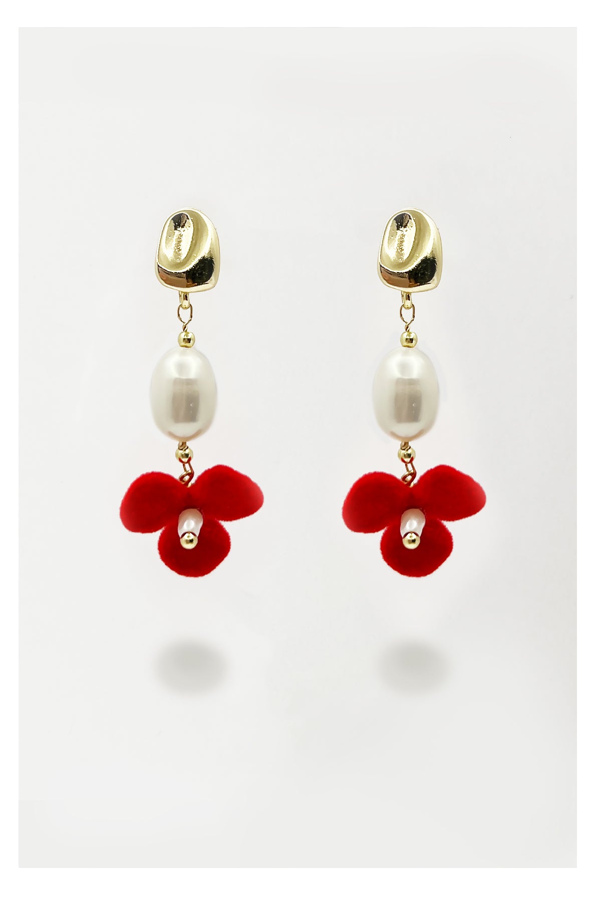 Only One Project -  Red Velvet Flower Pearl Earrings