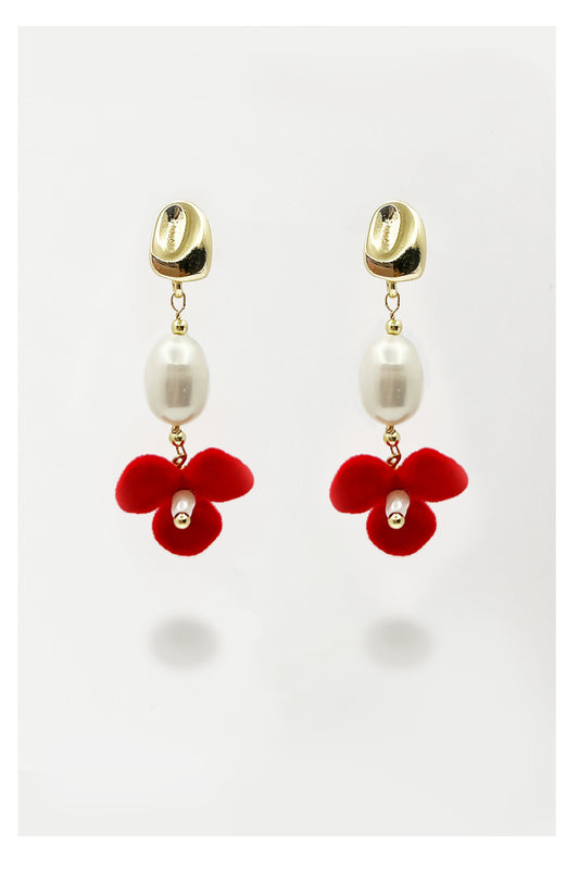 Only One Project -  Red Velvet Flower Pearl Earrings