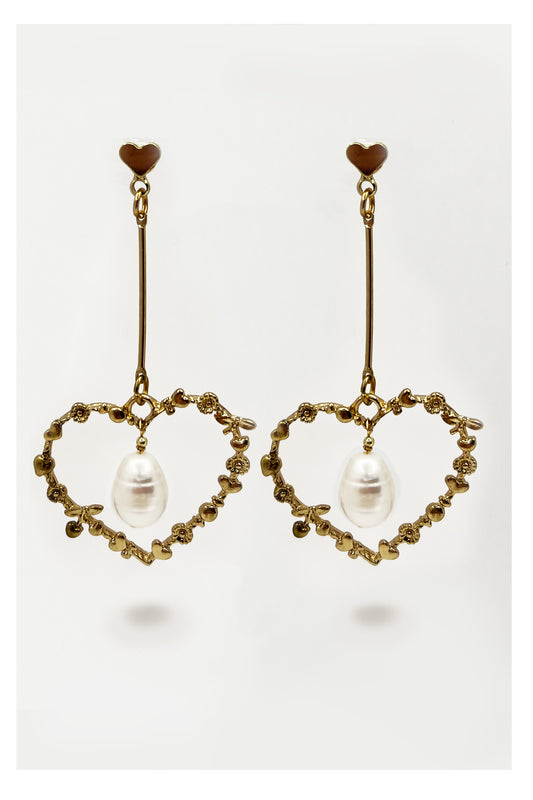 Only One Project -  Gold Heart Pearl Earrings