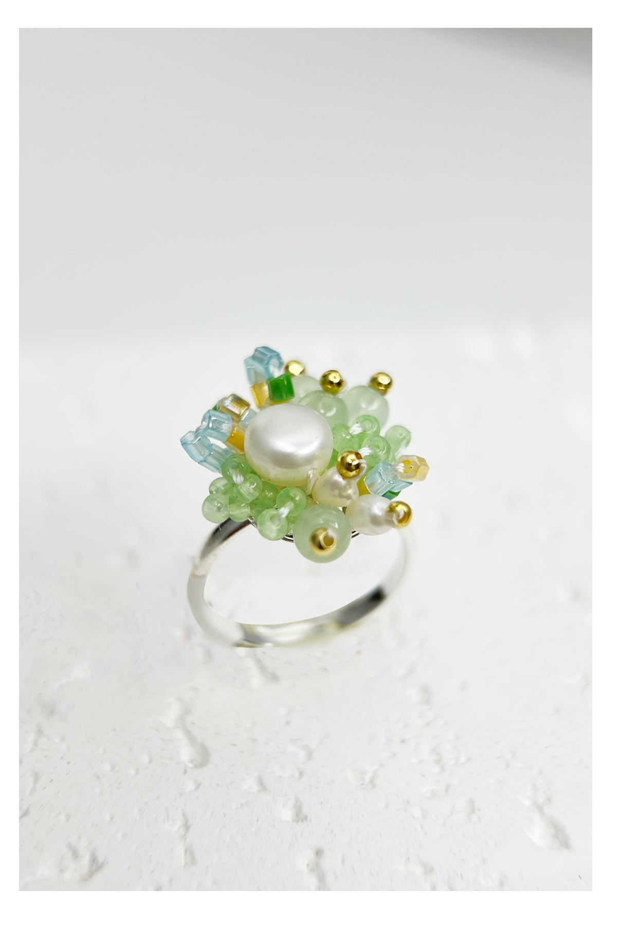 Pearl Pearl! -Handcrafted Green Tone Beaded Pearl Ring