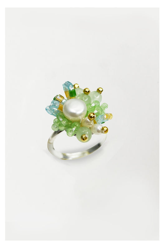 Pearl Pearl! -Handcrafted Green Tone Beaded Pearl Ring