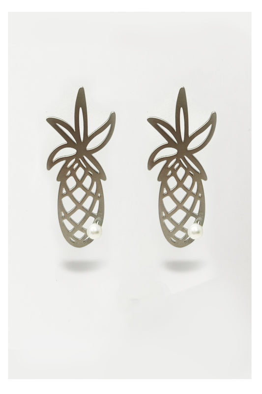 Only One Project -  Silver Pineapple Button Pearl Earrings