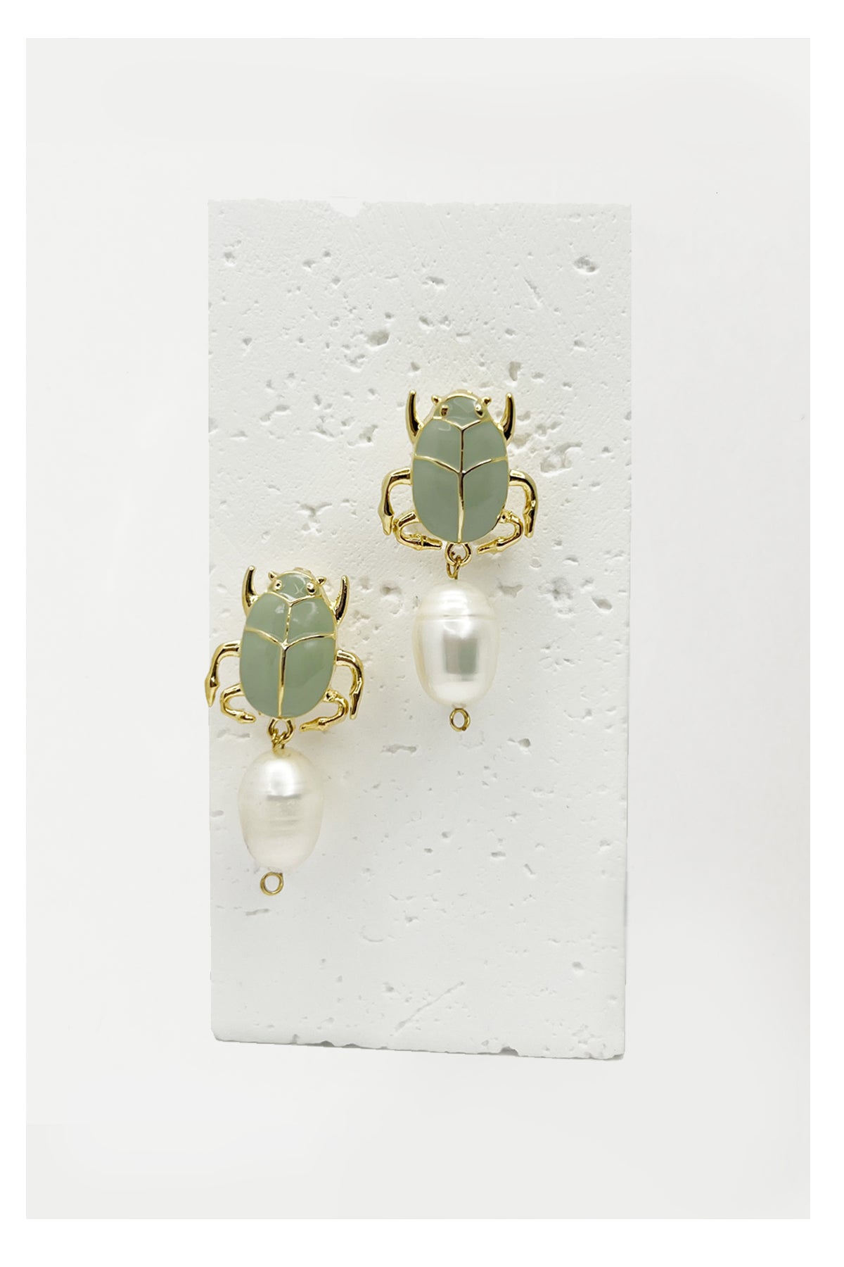 Only One Project -  Gold Enamel Bug-Shaped Earrings with Large Teardrop Pearls