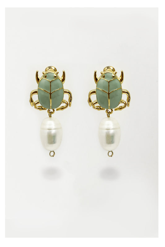 Only One Project -  Gold Enamel Bug-Shaped Earrings with Large Teardrop Pearls