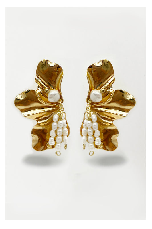 Pearl Pearl!- Oversize Three-Petal Flower Pearl Tassels Earrings